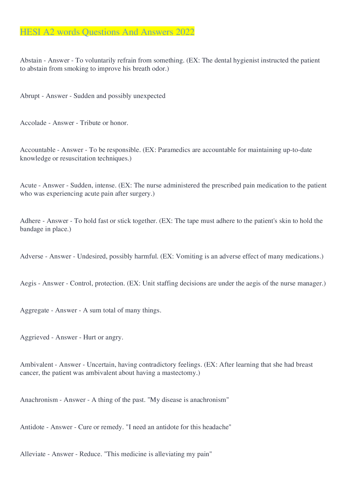 Preview of HESI A2 words Questions And Answers 2022